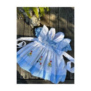 Vintage 70s 80s Pinafore Dress Smock Dress Blue White Gingham Floral Embroidery